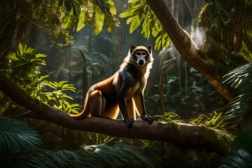 In a sunlit clearing of a dense rainforest, a Wolf's Mona Monkey captivates with its playful antics, the perfect lighting accentuating