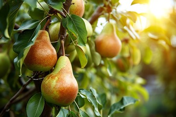 Harvest: Organic Ripe Pears on Branches in a Sunny Fruiting Garden