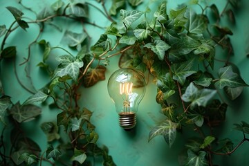 Illuminating Creativity: Light Bulb of Inspiration amidst Lush Ivy Leaves
