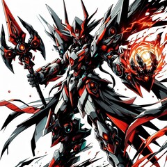 mecha animation (wizard) design form, with striking and appetizing colors, angry, fire elements, white background, black and red, comic art style.