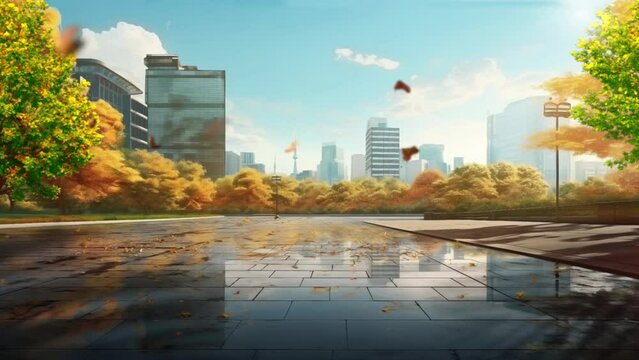 Buildings in modern city with autumn leaves. Golden leaves in front of high-rise corporate office buildings with Empty cement floor with garden and modern city skyline in background
