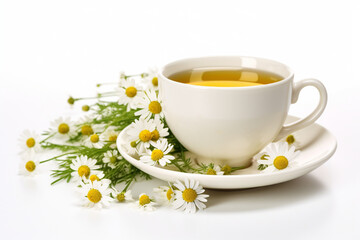 Fototapeta premium Cup of herbal tea with wild camomiles and mint isolated on white