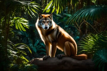 Against the backdrop of a tropical haven, a Wolf's Mona Monkey moves gracefully, its fur shimmering in the perfect