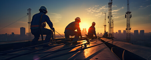 silhouette workers on construction site in evening sunny backround. - obrazy, fototapety, plakaty