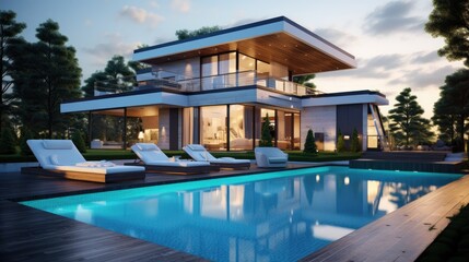 Obraz premium Luxurious modern house with pool, lounge chairs, and tranquil natural surroundings.