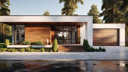 Modern white house with large windows, garage, and lush green trees. - obrazy, fototapety, plakaty