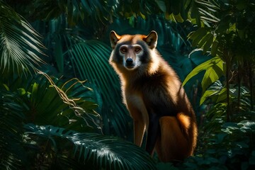 Against the backdrop of a tropical haven, a Wolf's Mona Monkey moves gracefully, its fur shimmering in the perfect