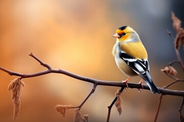 Naklejka premium Cute male of goldfinch lugano bird with yellow plumage sitting on thin leafless twig in forest