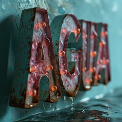 Water name text. Strawberry and aquamarine letter characters decorated with orange color lightbulb. Ocean, blue turquoise, aqua, concept illustration. Graphic Resource as banner. Copy. Generative AI