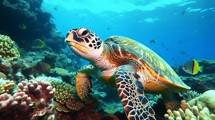 Poster turtle with Colorful tropical fish and animal sea life in the coral reef © Samvel