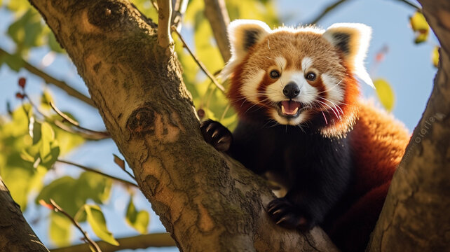 Fluffy red panda with a mischievous expression climbing a tall tree