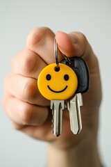 Hand holding keys with a smiley face keychain