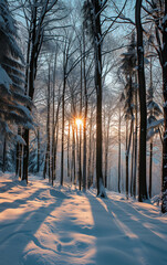 a forest in the sky with snow and trees in winters