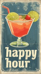 Vintage happy hour sign featuring a cocktail illustration.
