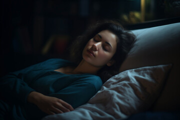 Obraz premium young pretty girl sleeping on bed in dark room, blurred background