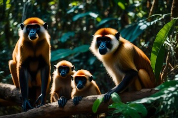 Three Wolf's Mona Monkeys navigate effortlessly through a sun-drenched rainforest, their fur aglow with realistic hues,