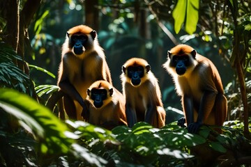 Three Wolf's Mona Monkeys navigate effortlessly through a sun-drenched rainforest, their fur aglow with realistic hues,