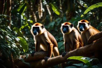 Three Wolf's Mona Monkeys navigate effortlessly through a sun-drenched rainforest, their fur aglow with realistic hues,