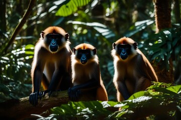 Three Wolf's Mona Monkeys navigate effortlessly through a sun-drenched rainforest, their fur aglow with realistic hues,