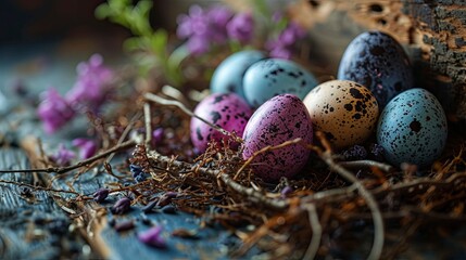 Fototapeta na wymiar Nest Stylish Easter Eggs On Purple, Background HD, Illustrations