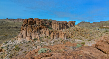 Naklejka premium Mountain erosion formations of red mountain sandstones, Desert landscape with cacti, Arizona