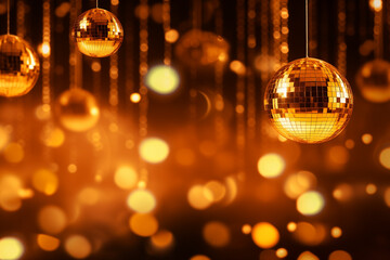 disco background with hanging disco balls in orange and gold lighting