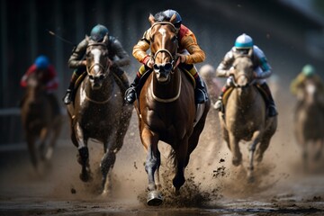 Horse racing with jockeys riding their horses in the race