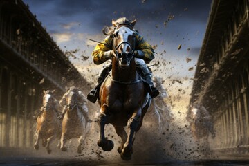 Close up of a jockey riding his horse in the horse race