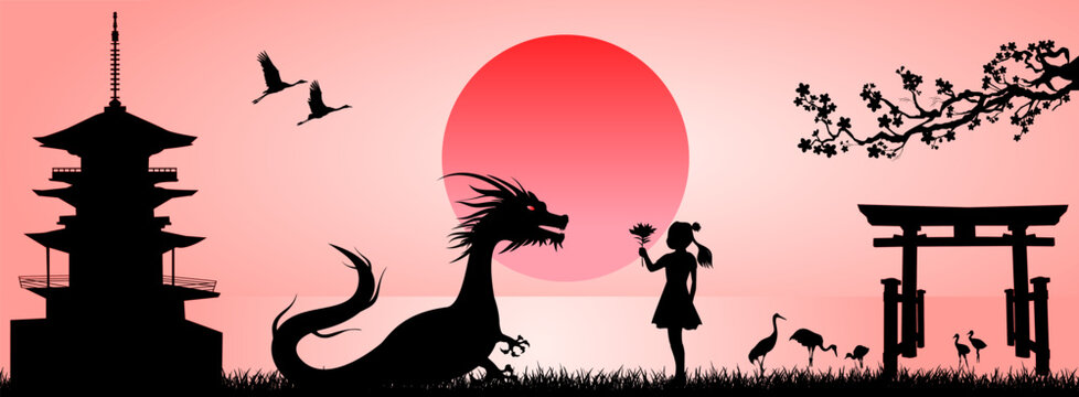 A small child and a dragon. A little girl with a flower meets a dragon, against the backdrop of the rising sun, a Japanese pagoda, sakura branches, gates, and birds