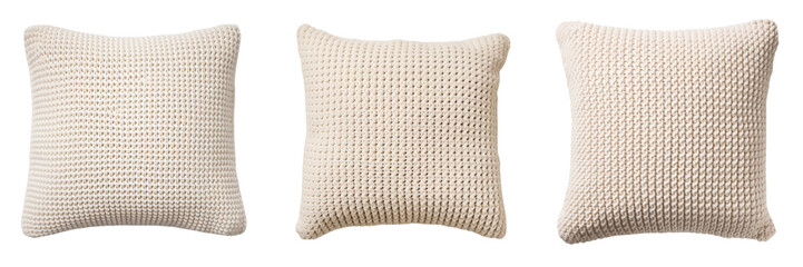 Set of square knitted pillow top view on transparent background