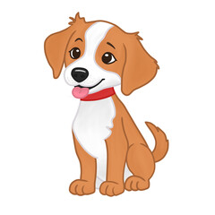 Lindo cachorro de color marrón y blanco sentado usando un collar de perro rojo