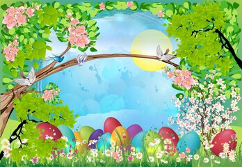 Easter composition with Easter eggs hidden in the grass - 702379763