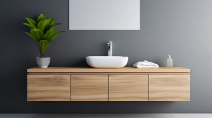 Fototapeta na wymiar Bathroom interior bathroom with cupboard sink, washbasin, plant and mirror