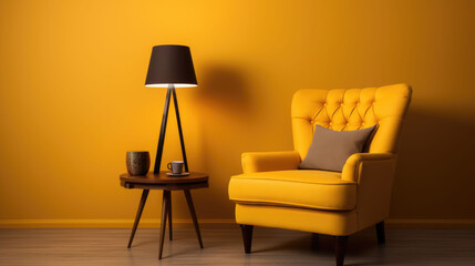 Interior of a modern living room with orange wall, armchair, lamp and table