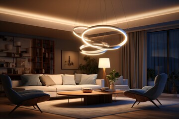 A luxurious living room with a chandelier and dim lighting - obrazy, fototapety, plakaty