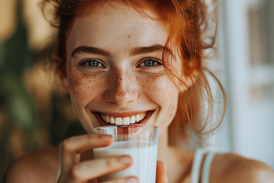 young woman drinking milk, soy or oat milk