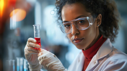 female scientist filling red liquid in test tube - obrazy, fototapety, plakaty