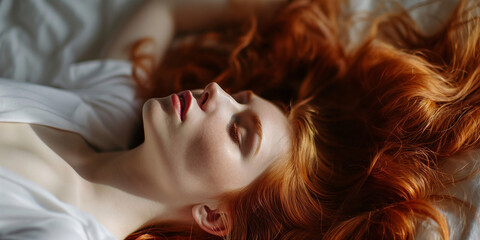 Hübsche rothaarige Frau liegend im Bett Querformat für Banner, ai generativ - obrazy, fototapety, plakaty