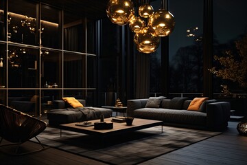 Beautiful and dark living room with elegant lamp