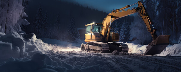 Modern excavator on winter road. snow remove from the road with an excavator heavy machine.