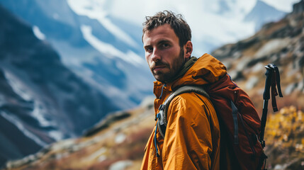 Hombre joven disfrutando del paisaje montañoso