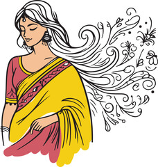 Indian woman in saree with beautiful hair line art vector