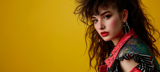 Retro Revival: A studio portrait capturing the essence of the 80s with a female sporting a bold mullet, showcasing the trendy and edgy fashion of that nostalgic era.

