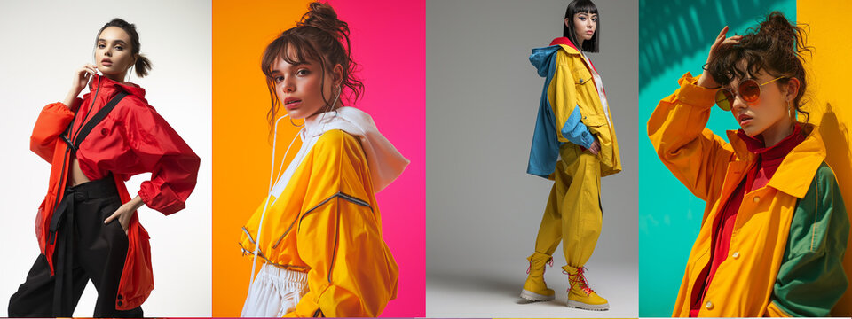 Four models with stylish sunglasses, showcasing different poses and vibrant, colorful outfits against variously colored backgrounds.