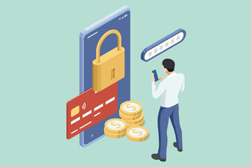 Isometrics protect data and confidentiality. Safety and confidential data protection, concept with character saving code and check access. Cybersecurity concept, user privacy security and encryption