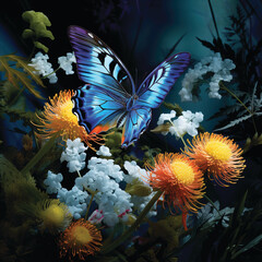 Fototapeta na wymiar Blue butterfly in the flower garden. Created ai generated