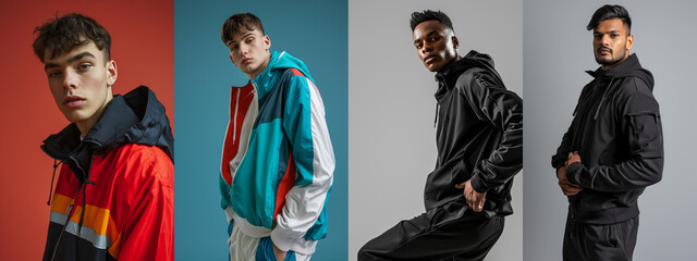 Four male models in various poses wearing colorful sports jackets in red, turquoise, and black....