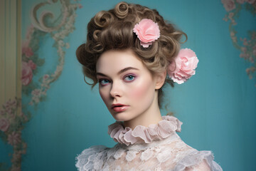 Woman with Victorian style hair and makeup in front of studio background