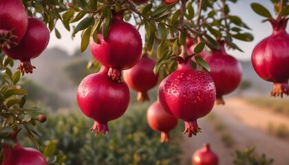 A pomegranate tree, its vibrant fruits sparkling with morning dew
