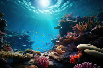 A coral reef ecosystem thriving with a myriad of marine life, exemplifying the symbiotic relationships between different species beneath the ocean surface. Generative Ai.